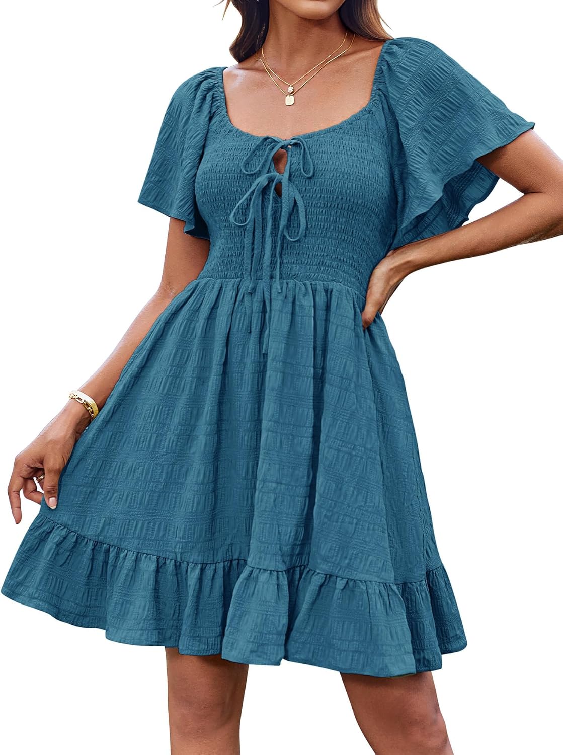 81cVFVCh7JL._AC_SL1500_.jpg Women Summer Short Sleeve Mini Dress Off Shoulder Tie Front Smocked Babydoll Dress Flowy A Line Casual Sundress - Image 1