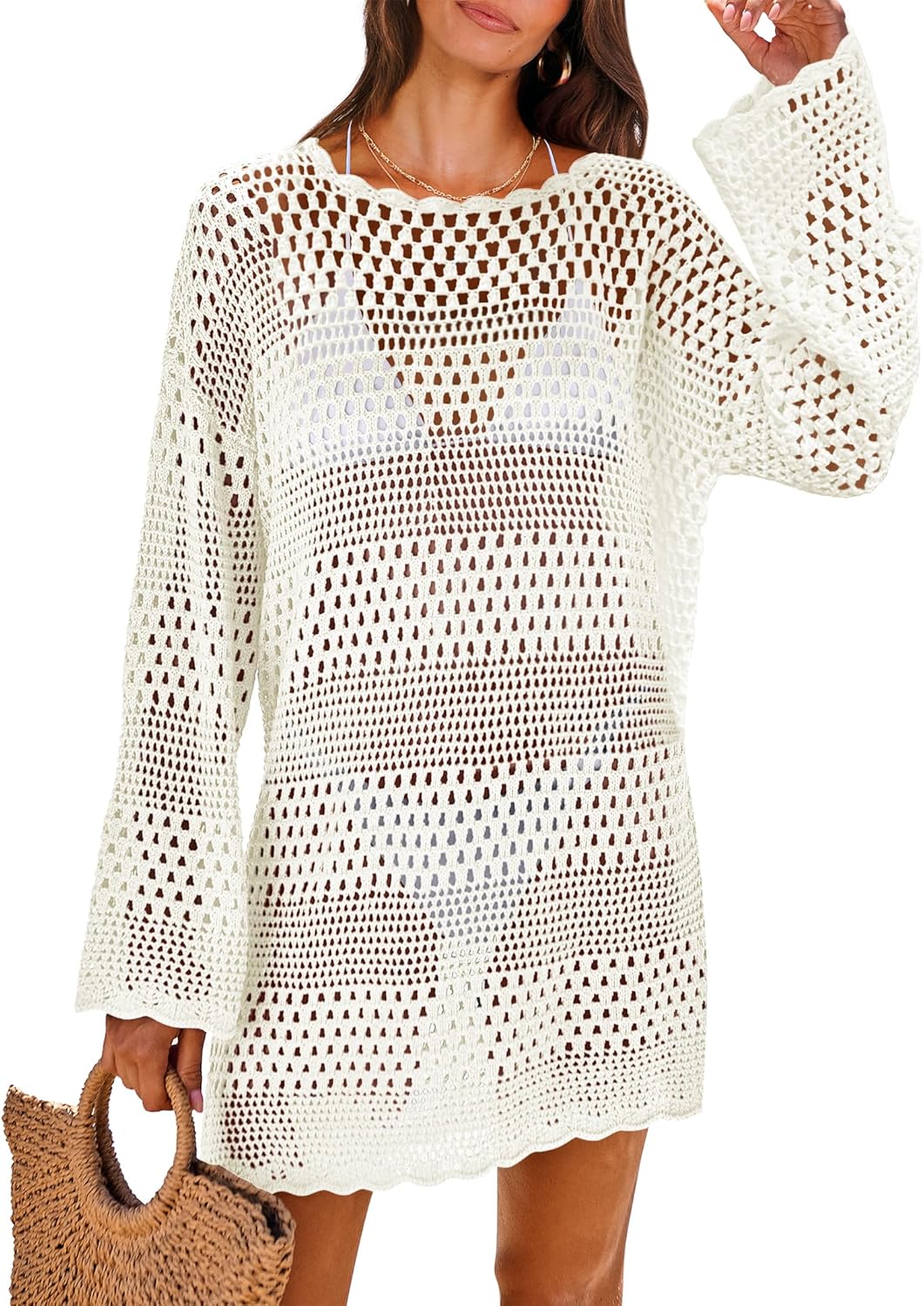 81dNT6g33LL._AC_SL1500_.jpg Women Swimsuit Crochet Swim Cover Up Summer Bathing Suit Swimwear Mesh Knit Beach Dress Vacation Outfits - Image 1