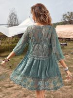 Women Contrast Lace Bathing Suit Cover Up V-Neck Swimsuit Coverups Loose Swimwear Beach Dress Beachwear - Image 2
